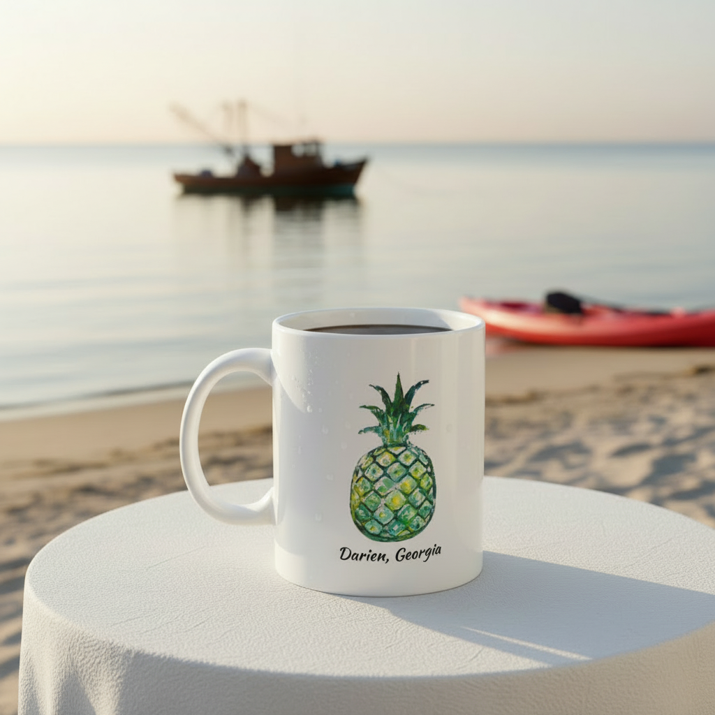 Darien green mug coastal resort scene with shrimp boat and kayak